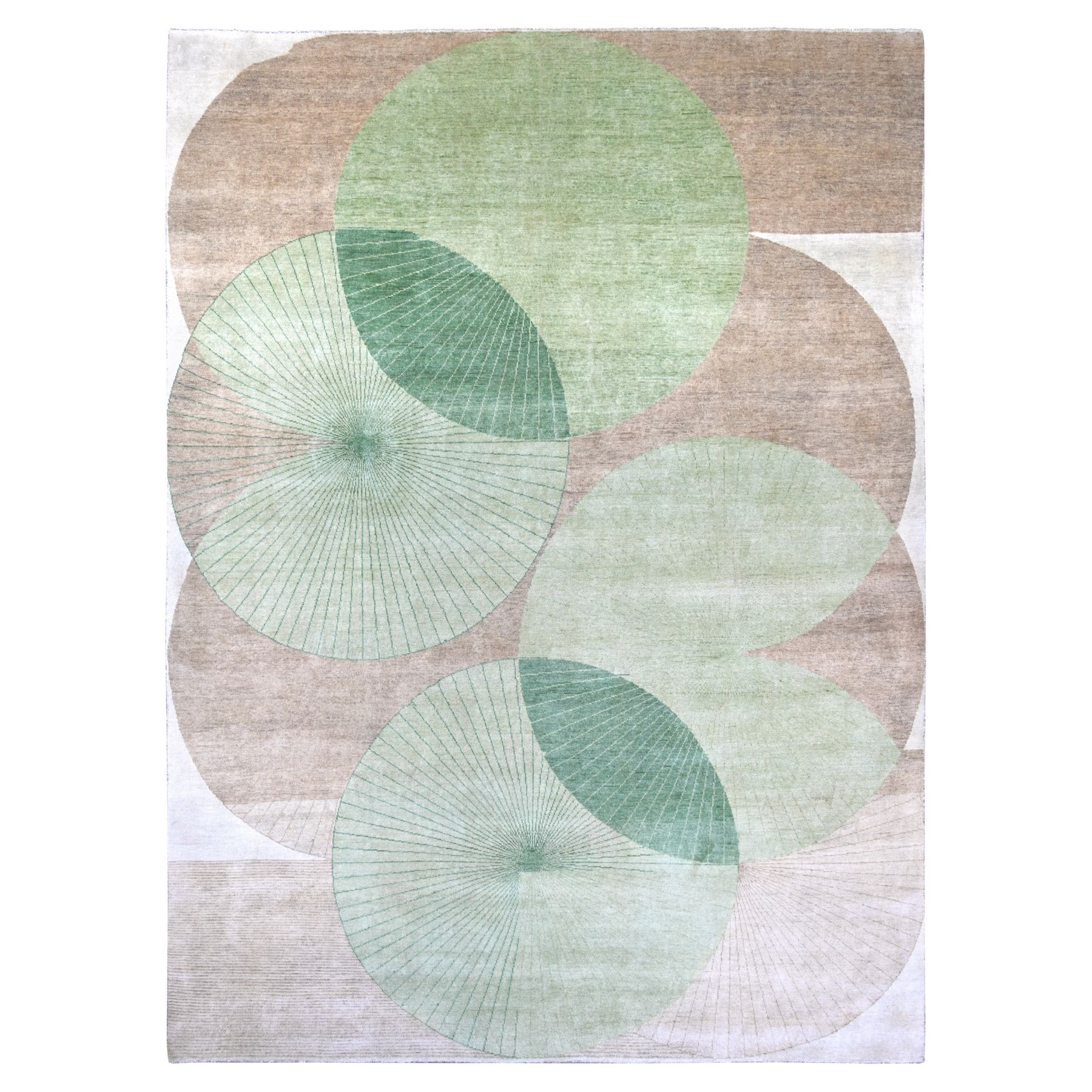 Pistachio Green, Mid Century Circular Contemporary Design, 100% High Mountain Wool, Hand Knotted, Oriental Rug